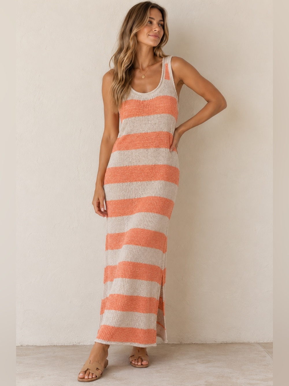 Self Contrast Striped Knit Tank Dress Womens Size Medium Coastal Beach